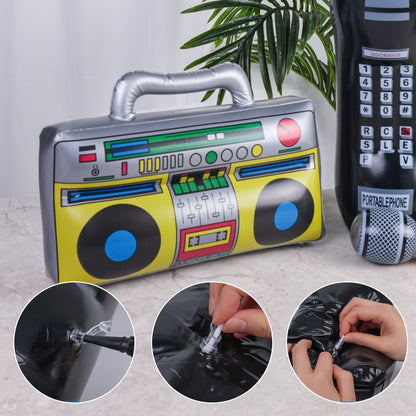 Inflatable Party Props 3 Pcs Blow Up Boombox Microphone & Retro Phone – 80s Hip Hop Theme Birthday Decorations for Graduation, Back to School, School Dance, DJ & Music Themed Party Supplies
