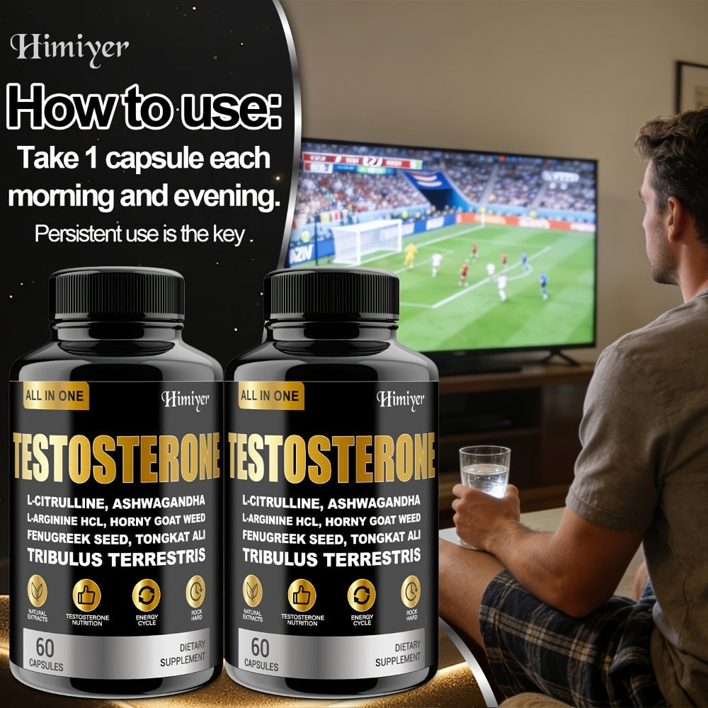Male Testosterone Support Capsules with Maca Root, Epimedium, L-Citrulline & Ashwagandha — Men's Vitality, Strength, Stamina & Energy Supplement | Natural Performance Formula for Men Over 40 | 1 or 3 Pack