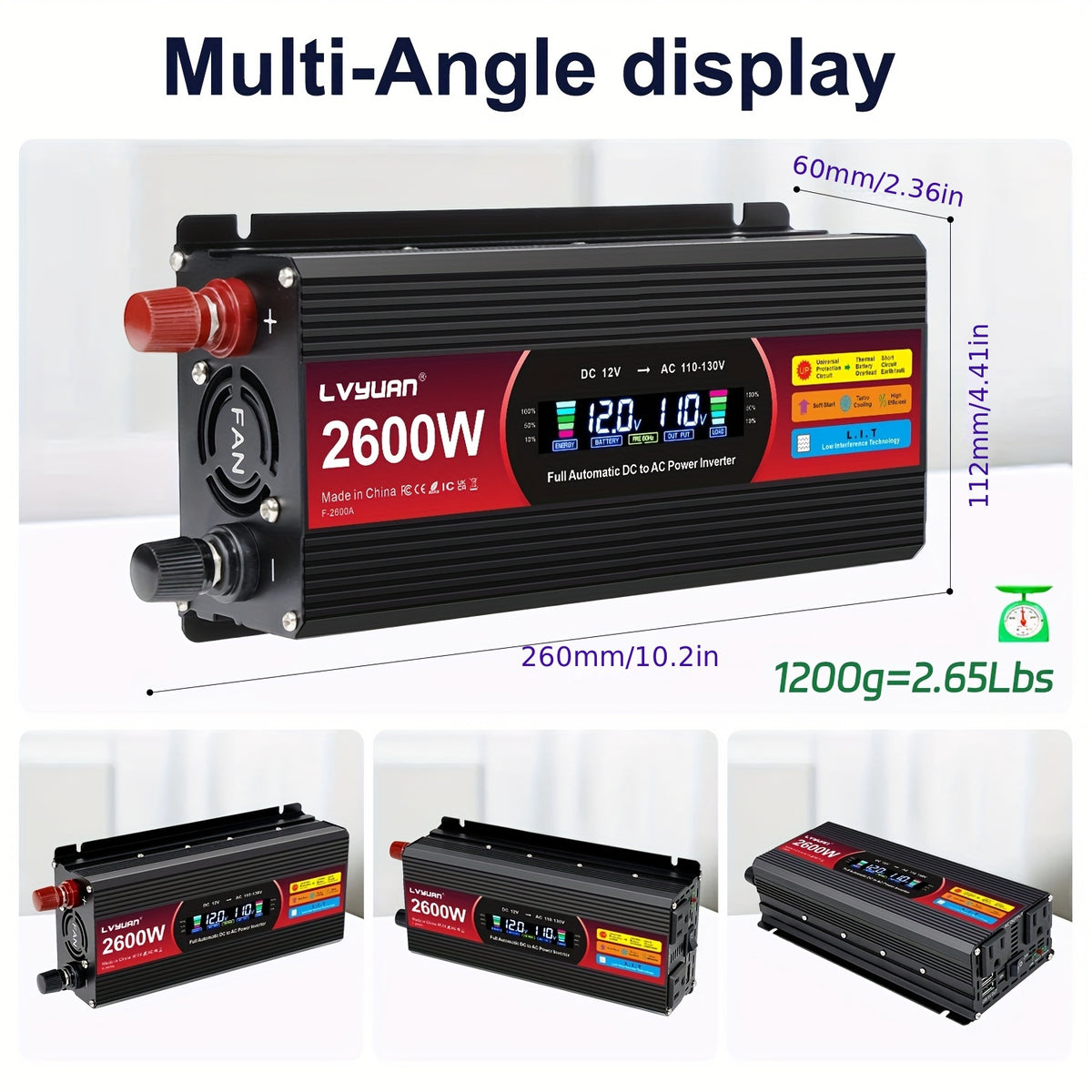 LVYUAN Pure Sine Wave Inverter 3000 Watt/6000W(Peak)Inverter 12V to 110V DC to AC with Remote Controller, LCD Display 4 AC Sockets And 4 USB Charge Ports for Home Car Truck Solar System