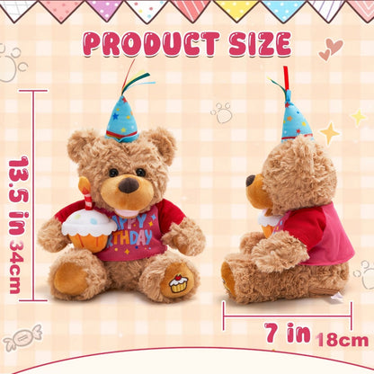 Singing Birthday Teddy Bear Plush Toy 13.5 Inch Interactive Stuffed Animal with Glowing Cupcake Candle Electric Music Bear Gift for Kids Girls Boys Baby Shower Christmas Holiday