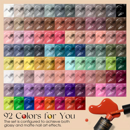 Gel Nail Polish Set 92 Colors 100-Piece Complete Kit – Soak-Off Gel Polish with Base Coat Glossy & Matte Top Coat, All-Season UV/LED Curable Nail Art Collection for Salon & Home Women by ROSALIND