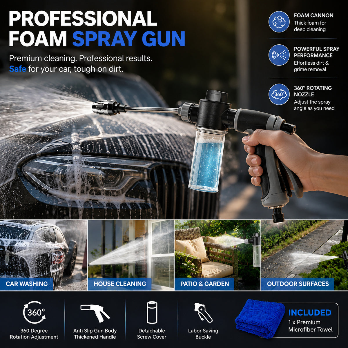 High-Pressure Car Wash Gun with Extended Spray Rod, Durable Hose Nozzle, Adjustable Spray And Leak-Proof Design, Suitable for Washing Trucks/Suvs/Rvs And Cleaning Driveways, Decks, And Gardens, Without Battery