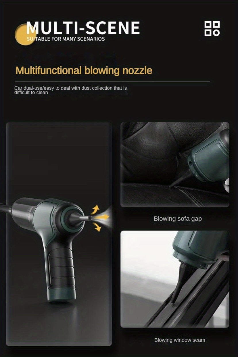 A Three In One Wireless Vacuum Cleaner with A High Power, Which Can Be Used for Suction, Air Extraction, And Blowing, Both In The Car And At Home. It Has An Extended Battery Life, Can Absorb Dust, Debris, Pet Hair, Air Extraction, And Dust Blowing