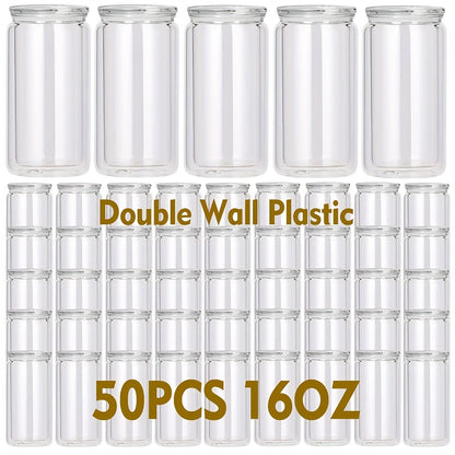 Clear Plastic Snow Globe Tumblers 16oz Double Wall Bulk Set 25 or 50 Cups Pre-Drilled Hole Colored Lid Straw for Iced Coffee Boba Soda Party DIY Customization