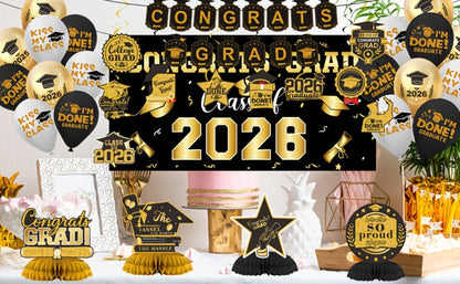 Class of 2026 Graduation Party Decorations – Complete Set with Backdrop Banner Hanging Swirls Balloons & Honeycomb Supplies, 6 Color Options Purple Maroon Blue Red Green Gold