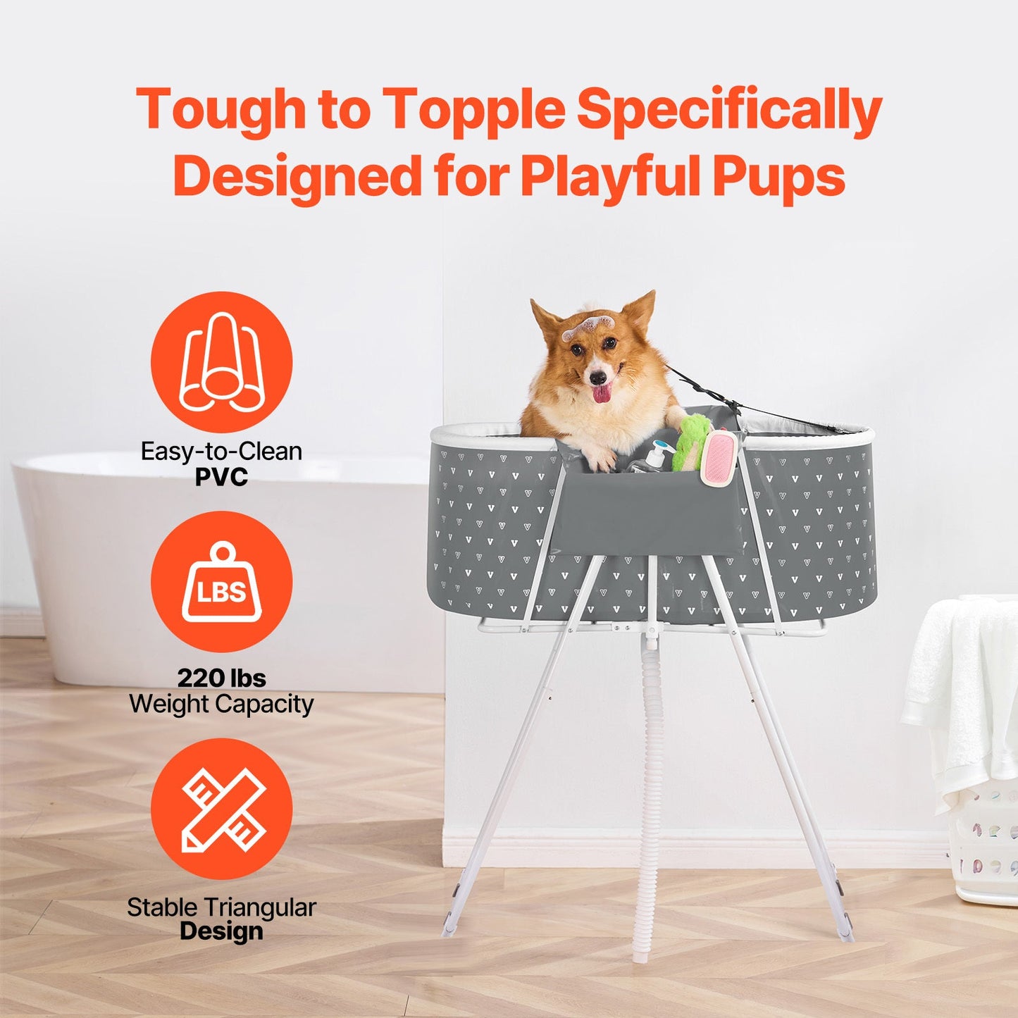 Elevated Foldable Pet Bathtub – Stand-Up Dog Grooming Tub with Carbon Steel Legs, 220 lbs Capacity & Expandable Drain Hose | 33"x18" PVC Tub for Pets 10–65 lbs | Space-Saving Collapsible Design | Gray