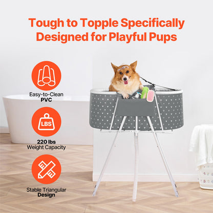 Elevated Foldable Pet Bathtub – Stand-Up Dog Grooming Tub with Carbon Steel Legs, 220 lbs Capacity & Expandable Drain Hose | 33"x18" PVC Tub for Pets 10–65 lbs | Space-Saving Collapsible Design | Gray