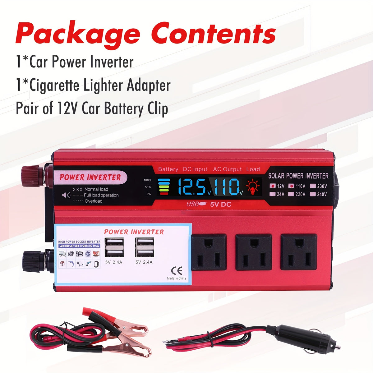 5500W Peak Power Inverter, Car Pure Sine Wave Inverter DC 12V to AC 110V, with LCD Digital Display and 4 USB Ports, 3 US Sockets, Fast Charging for Vehicles Trucks RVs and Outdoor