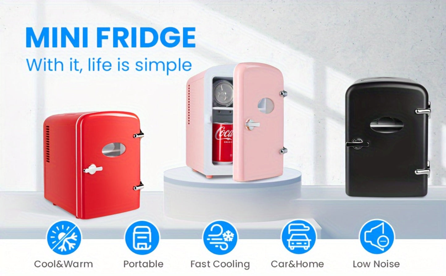 Aesthetic Mini Fridge 4 Liter with Stickers - Portable Cooler and Warmer for 6 Cans, AC/DC Compact Refrigerator for Bedroom, Office, Dorm & Car, Cute Mini Fridge Gift for Friends, Black Pink Red