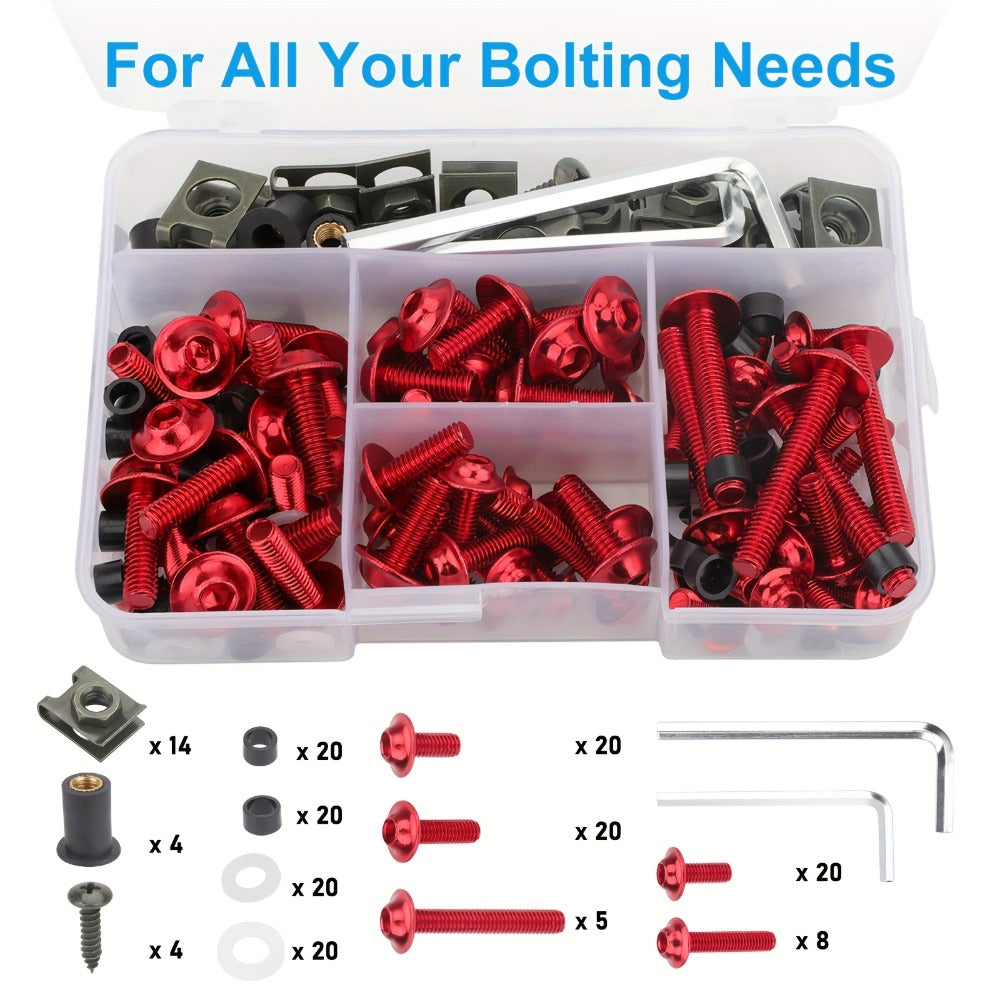 Motorcycle Fairing Bolt Kit 177-Piece CNC Anodized Aluminum Screws for Fairings Windshield Fuel Tank Body Panels - Universal Fit Red Blue Black