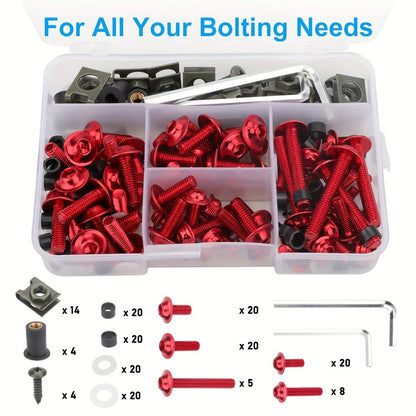 Motorcycle Fairing Bolt Kit 177-Piece CNC Anodized Aluminum Screws for Fairings Windshield Fuel Tank Body Panels - Universal Fit Red Blue Black