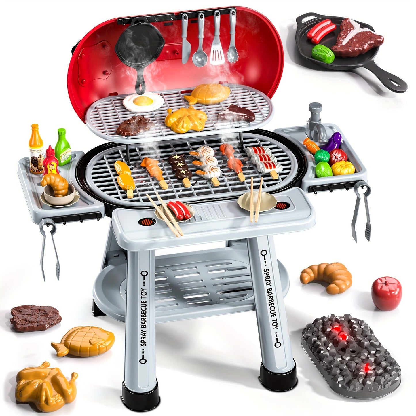 Kids BBQ Grill Playset Two-Tier with Toy Food Meats Fruits Spices & Working Water Tap – Pretend Play Outdoor Cooking Toy for Girls Boys Ages 3+ | Best Birthday Christmas Gift