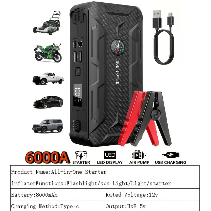 10000A Portable Car Jump Starter Optional10000A Portable Car Jump Starter (with 350PSI Tire Inflator) 9-in-1 Car Battery Charger Jump Starter Accessories And Tools LED Light USB Type-C And Output Interfaces Fast Charging Function, Suitable As Gift