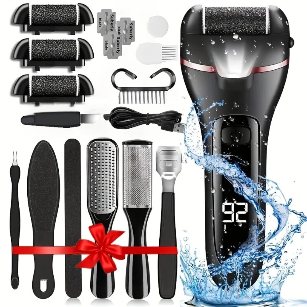 Electric Pedicure Foot File 10-in-1 Kit – Rechargeable with Digital Display, 3 Roller Heads, Dead Skin & Hard Skin Remover for Men & Women