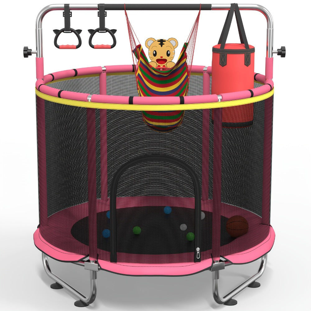 Kids Trampoline with Enclosure and Gymnastics Bar – 60" Height Adjustable Safety Net Trampoline for Toddlers Ages 3+, Indoor Outdoor Active Play with Toys Included | Best Birthday Gift