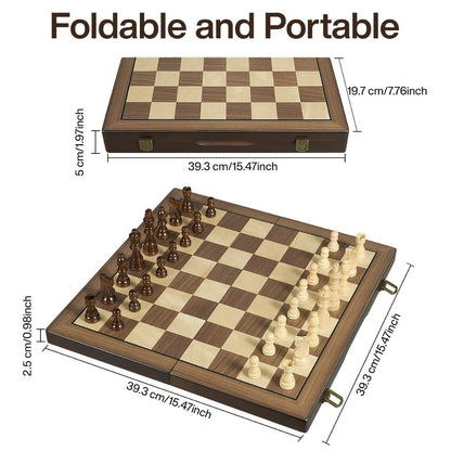 Magnetic Wooden Chess Set 15 Inch – Folding Portable Chessboard with Handmade Pieces, Tournament & Travel Chess Game for Adults Kids Beginners, Birthday Christmas Gift