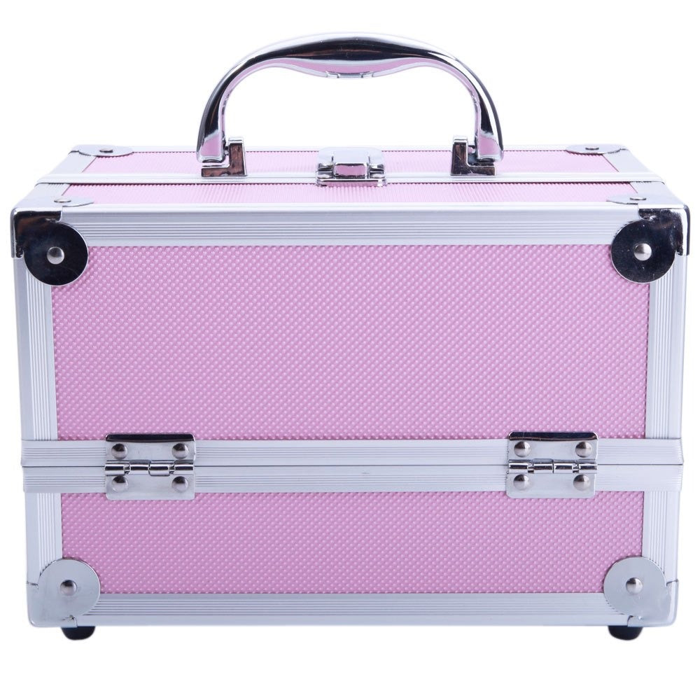 Aluminum Makeup Train Case with Wheels Large Capacity Lockable Cosmetic Trolley Organizer Adjustable Dividers Retractable Handle for Makeup Artists Salon Travel Black Silver Pink Beauty Gift