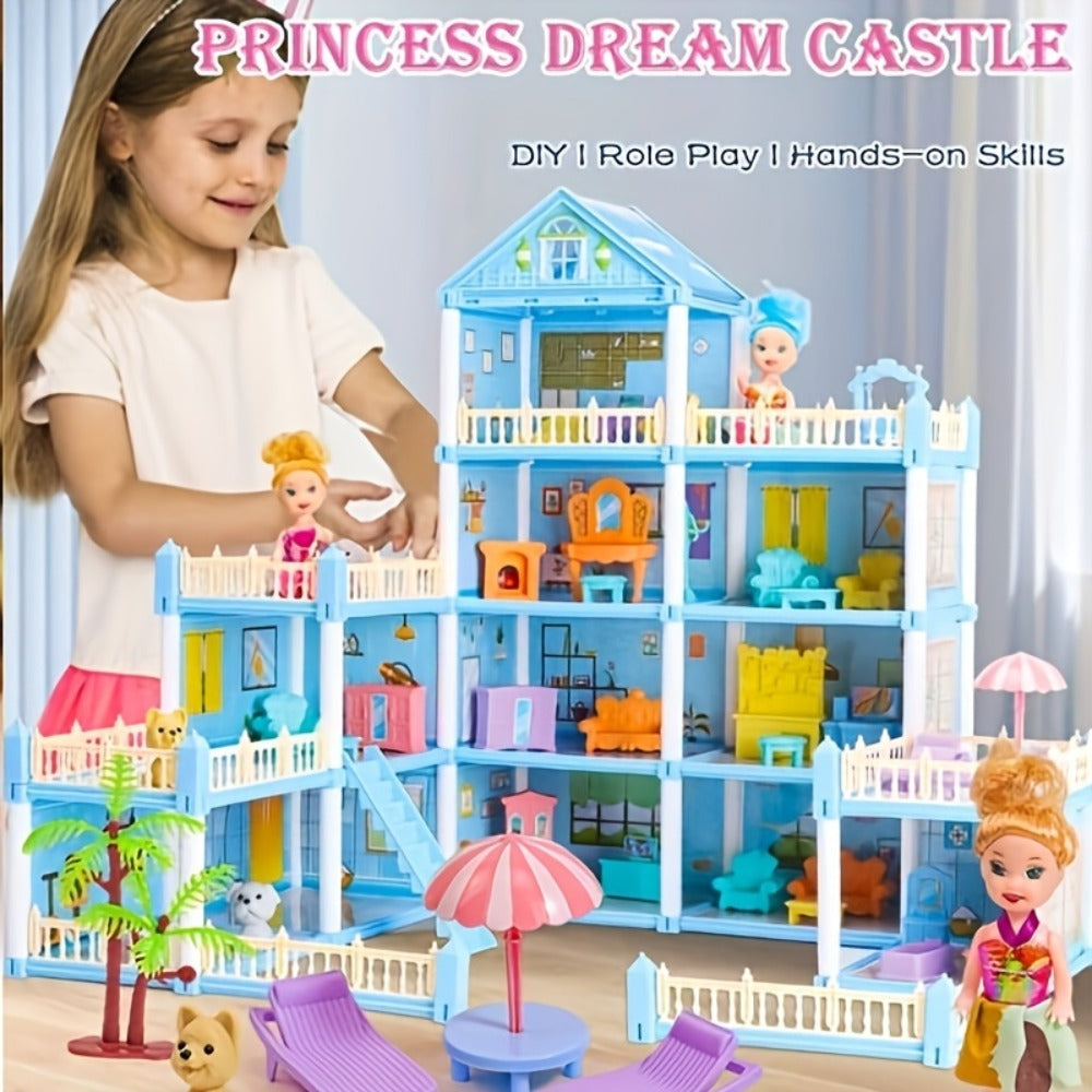 Princess Doll House Castle with Furniture & Accessories – Pink or Blue Mini Villa Playset 14 to 27 Rooms, Imaginative Play Logical Thinking Toy for Girls Ages 3+ Birthday Christmas Gift