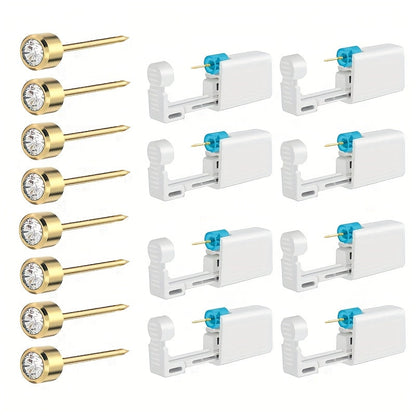 Disposable Ear Piercing Gun Set 8pcs - Stainless Steel Ear Stud Piercing Tool Kit, Safe Portable Self-Piercing Device with Hypoallergenic Earrings for Home Use, Silver & Gold
