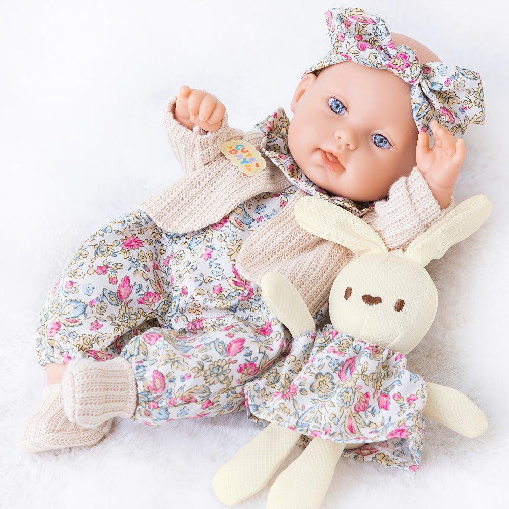 Floral Dress Baby Doll 12 Inch with Rabbit Plush Toy Gift Set – Realistic Vinyl Doll with Floral Outfit, Headscarf, Socks & Bunny Toy, Creative Dress-Up Playset for Girls Ages 3+, Birthday Holiday Gift