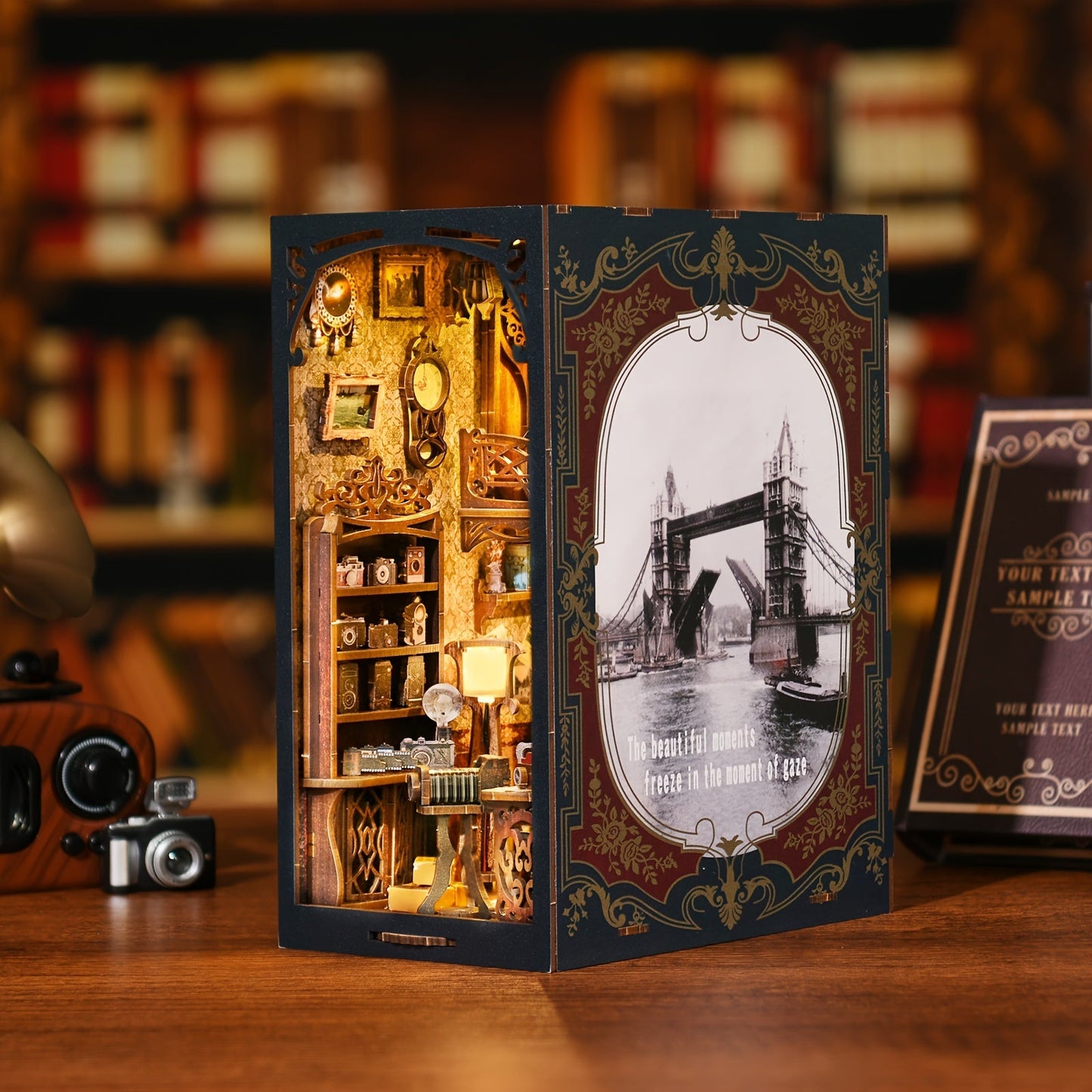 Book Nook Kit Film Darkroom DIY – Vintage Photography Bookshelf Insert Decor, 3D Wooden Puzzle Bookend Model Building Set for Adults Teens, Home Office Living Room Decoration, No Battery Needed