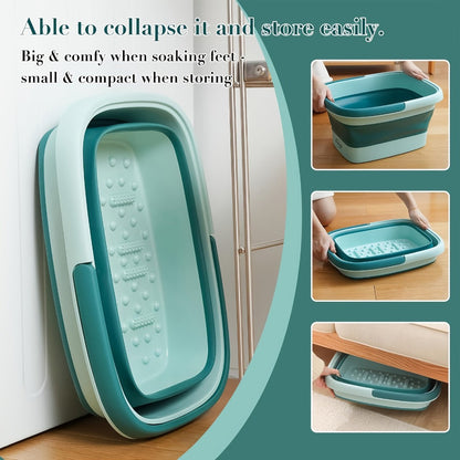 Large Collapsible Foot Soak Tub 15L 4 Gallon Foot Bath Basin Massage Acupoints Handles Foldable Multifunction Plastic Bucket Pedicure Bowl Home Spa Deep Soak Foot Relief Green