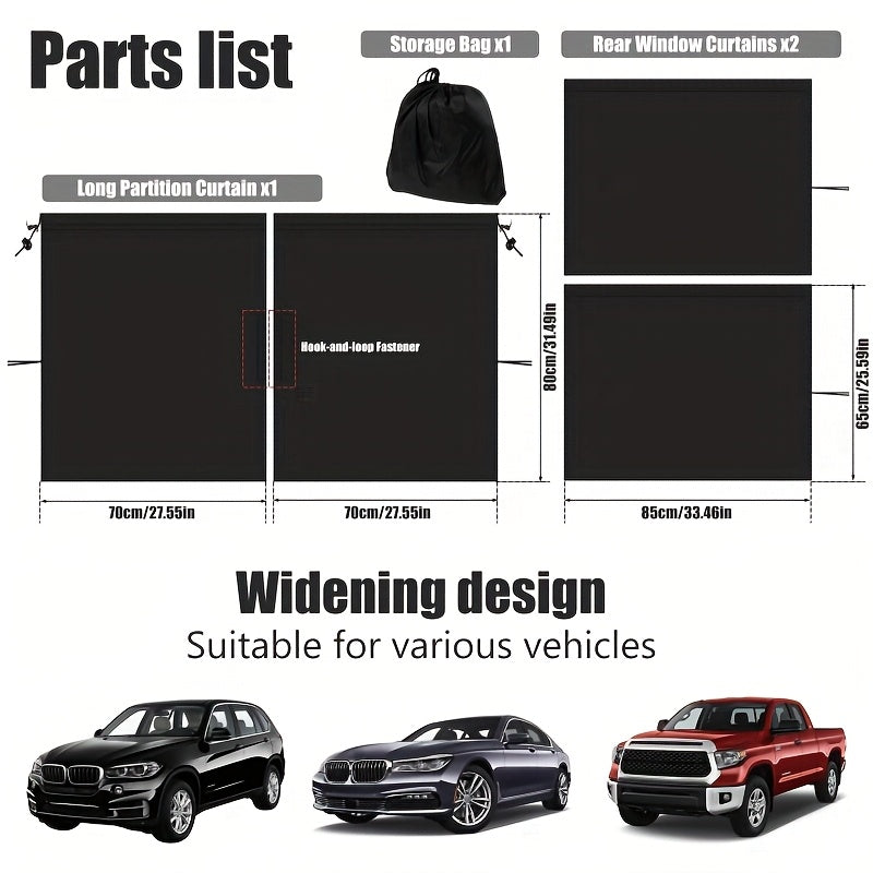 Car Curtains That Block 99% of Light, Including One Curtain for The Rear Seat Divider And Two for The Rear Side Windows, Designed for Wide Sedans And Suvs, Providing Sunshade Coverage (Set of Three Extra-Large Car Curtains)