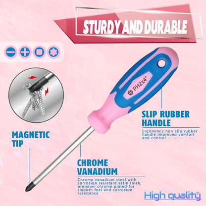 Magnetic Screwdriver Set 12-Piece Pink | Slotted Phillips Torx Tips, Ergonomic Handle, DIY Home Office Garage Tool Kit, Unique Gift for Women & Girls