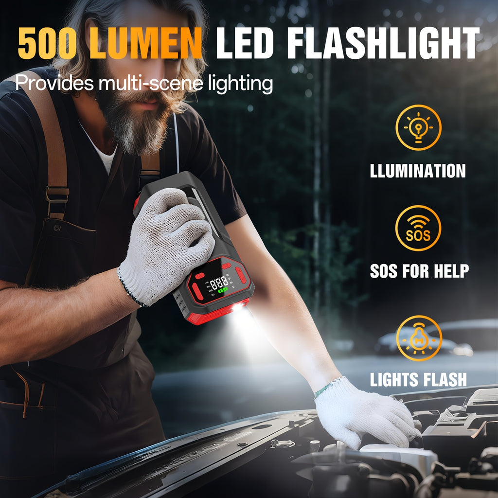 Kickstart Your Vehicle Using an Air Compressor with a Maximum Pressure of 150 PSI And a 12V Power Supply, Ideal for 8.5 Liters of Gasoline Or 1.72 Gallons of Diesel. It Features USB Input/Output And an LED Emergency Light