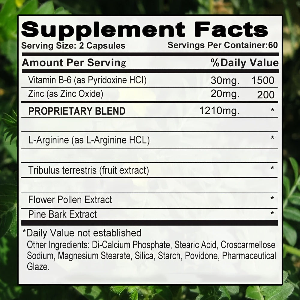 Tribulus Terrestris Men's 7-in-1 Supplement with L-Arginine - Immune Health, Testosterone, Blood Flow & Daily Vitality Support - High-Potency Multi-Ingredient Formula 120 Capsules