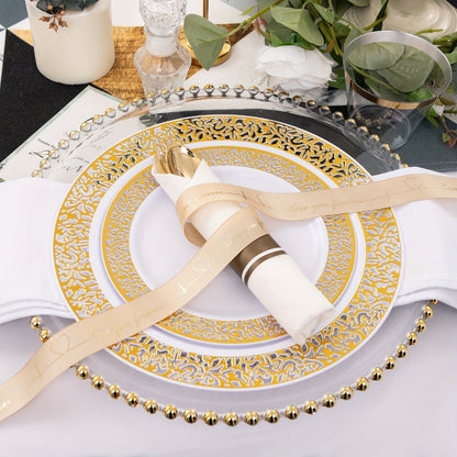 Gold Disposable Dinnerware Set for 50 Guests 350pcs – Includes Dinner Plates, Dessert Plates, 9oz Cups with Gold Rim, Pre-Rolled Napkins & Gold Cutlery | Perfect for Wedding, Party & Holiday Celebration