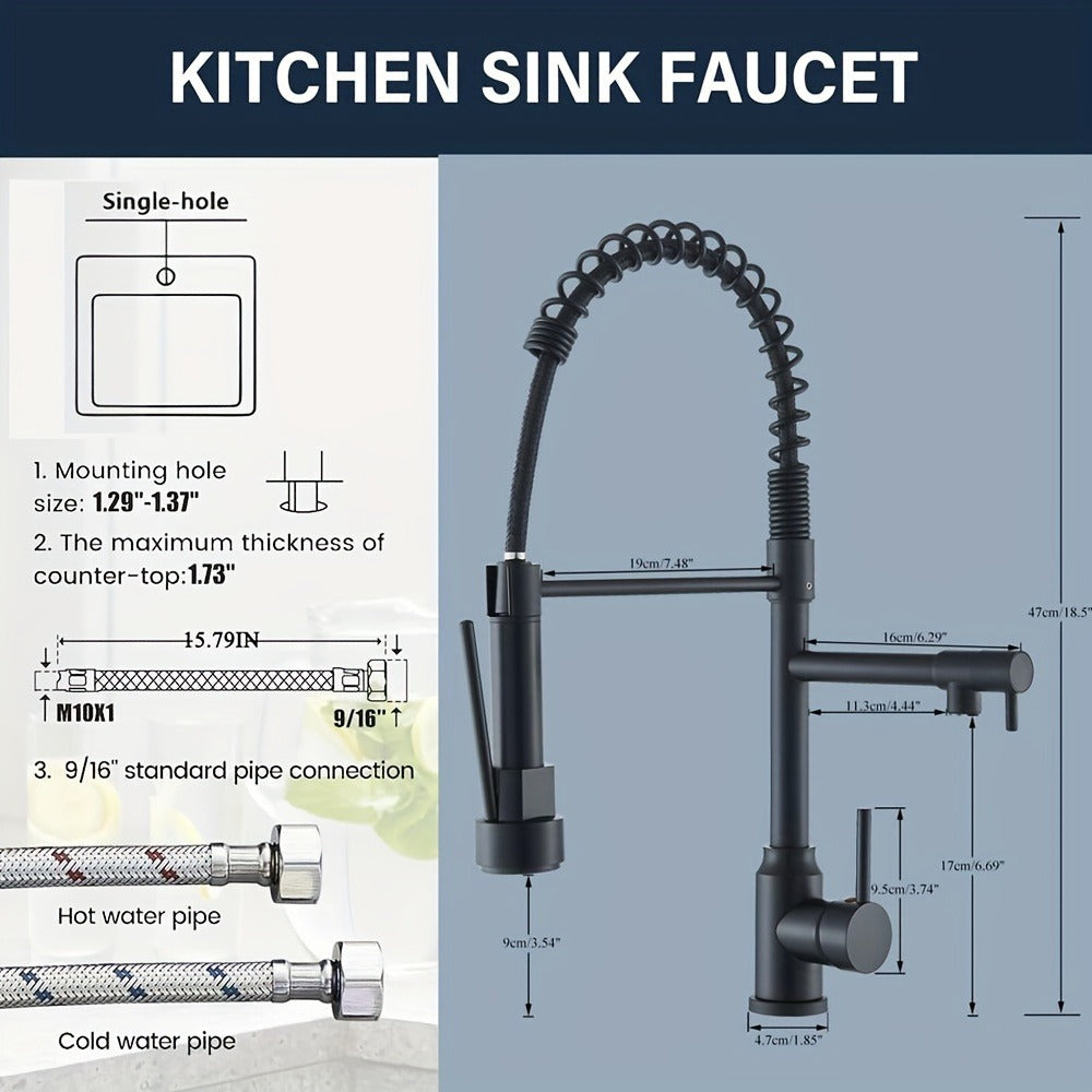 Kitchen Faucet with Pull Down Sprayer Single Handle Single Hole High Arc Spring Commercial Sink Faucet – 360° Swivel Splash-Proof Nozzle, Matte Black Chrome Brushed Nickel, Modern Monobloc Mixer Tap