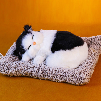 Stuffed Cat Plush Toy Realistic Sleeping Kitten with Meow Sound Soft Faux Fur Simulation Cat Doll Desk Decor Birthday Christmas Gift for Kids Cat Lovers