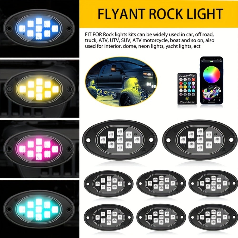 RGB Rock Lights Kit for Trucks & Cars, Sound-Activated LED Underbody Lights with APP & Remote Dual Control, 9 Large Beads Multicolor Chassis Neon Footwell Lighting for Pickup Off-Road