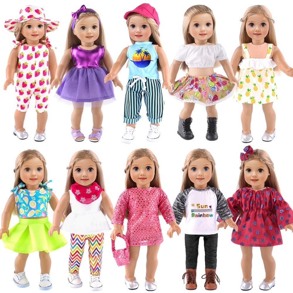 18 Inch Doll Clothes Set 10 Outfits – Trendy Fashion Doll Clothing for 18 Inch Girl Dolls, Easy On/Off Elastic Hook-and-Loop Design, Creative Dress-Up Gift for Girls Ages 3+ (No Doll or Shoes)