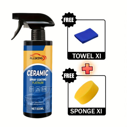 Ceramic Coating Spray for Cars - 3-in-1 Nano Polish, Scratch-Resistant Glossy Protective Layer, Compatible with All Paint Types, Includes Sponge & Towel (16.91oz)