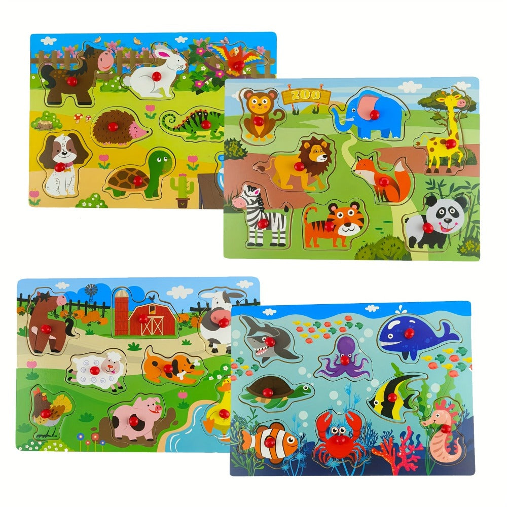 Wooden Peg Puzzles for Toddlers Set of 4 – 32 Piece Knob Puzzle Bundle Farm Zoo Christmas Halloween Themes, Montessori Educational Gift for Kids Age 1 2 3 Boys Girls