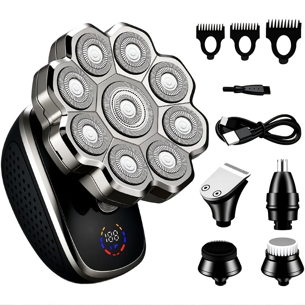 Bald Head Shaver for Men 5-in-1 Electric Razor Wet Dry with 7D 9D Floating Head Detachable Magnetic Blades Cordless Rechargeable Grooming Kit Gift for Dad Father