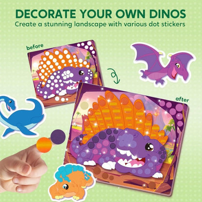 Dinosaur Dot Sticker Art Kit for Kids – 12 Picture Canvases & 1400+ Dot Stickers No Mess Creative Activity, Travel Toy Arts Crafts Birthday Gift Boys Girls Ages 3-8