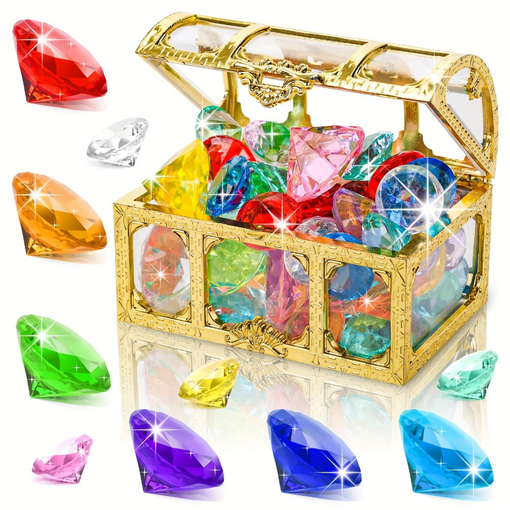 Pool Diving Gems 50 Piece Set with Pirate Treasure Chest – Underwater Acrylic Gemstone Dive Game for Kids | Swimming Pool Toy for Boys & Girls, Summer Birthday Party & Pool Party Gift