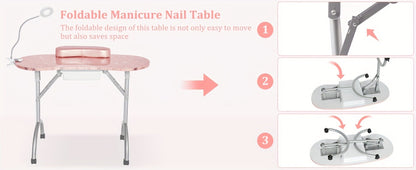 Foldable Nail Table with LED Lamp Drawer Lockable Wheels Wrist Cushion & Carrying Bag – Portable Manicure Station for Nail Salon Technician Home Studio White