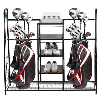 Golf Bag Storage Rack Organizer Steel Dual Bag Holder with 4 Shelves for Clubs Balls Shoes Accessories Garage Basement Home Golf Equipment Organizer Heavy Duty