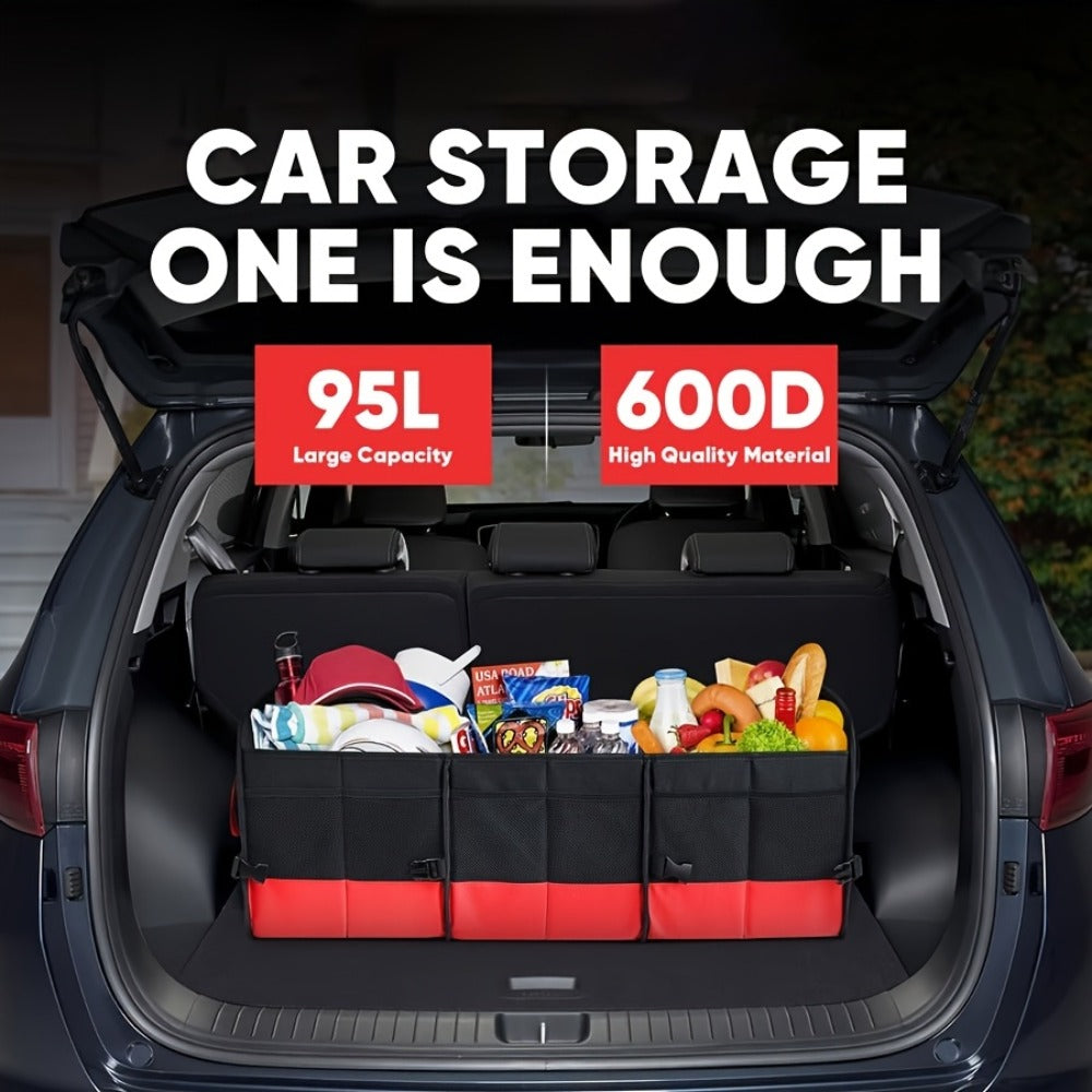 Foldable Car Trunk Organizer 95L – 4-Compartment Storage Box with 2 Retractable Straps, Collapsible Cargo Bin for SUV Truck Minivan – Travel Camping Shopping