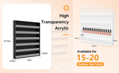 Wall Mount Nail Polish Rack 6 Tier Holds 120 Bottles with Acrylic Baffles — Large Nail Varnish Display Shelf Organizer for Salon Home White Black