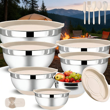 Stainless Steel Mixing Bowls Set with Airtight Lids 7 Piece, Stackable Nesting Bowls with Measuring Spoons Whisk Spatula Tongs Basting Brush, Dishwasher Safe Kitchen Bowls for Cooking Baking Camping Travel