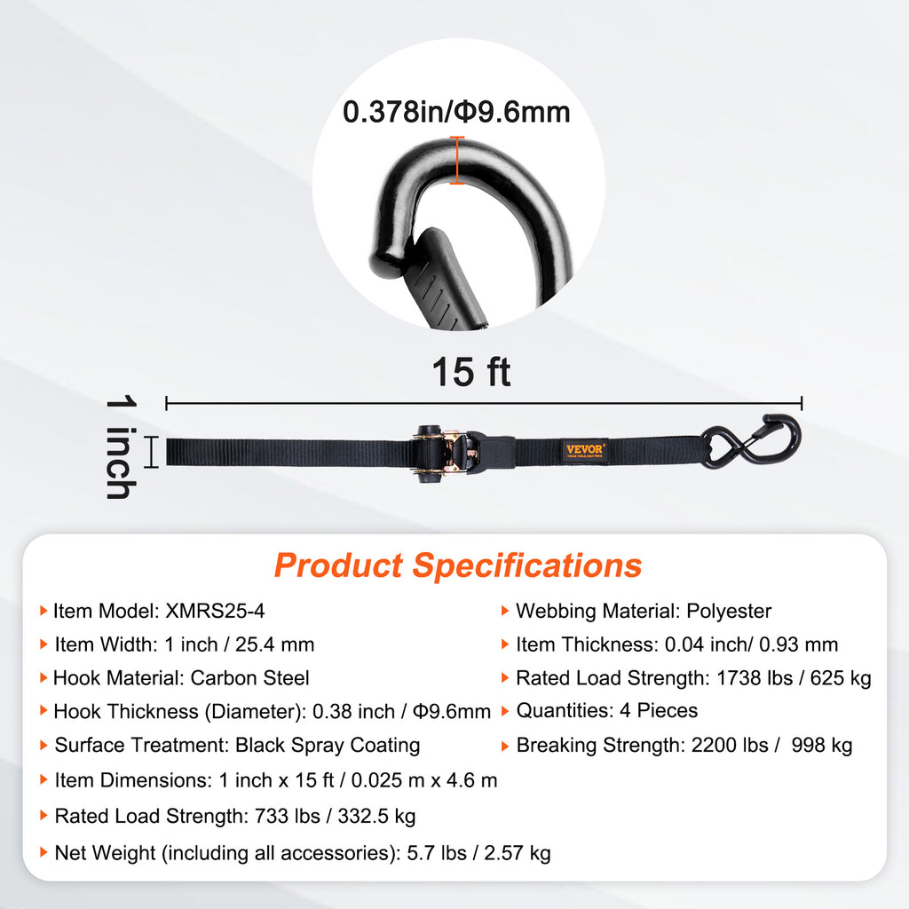 VEVOR Ratchet Tie Down Straps (4PK), 2200 lb Break Strength, 1" x 15' Heavy Duty Ratchet Tie Down Strap Set with Padded Handles, Coated S Hook, Soft Loop for Moving Appliances Motorcycle ATV Truck