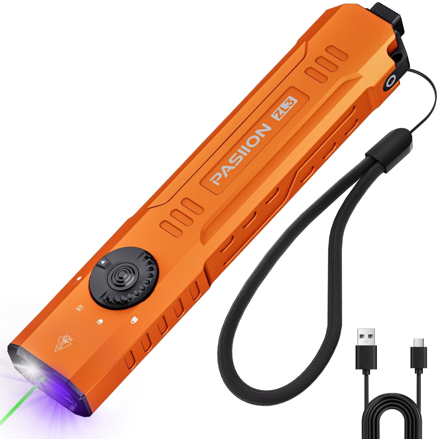 UV Green Beam Flashlight EDC Flat Pro – 1500 Lumens Rechargeable Triple Light Combo (Green Beam + UV + White LED), Portable Pocket Torch for Outdoor, Hunting & Emergency (Black/Orange/Green)