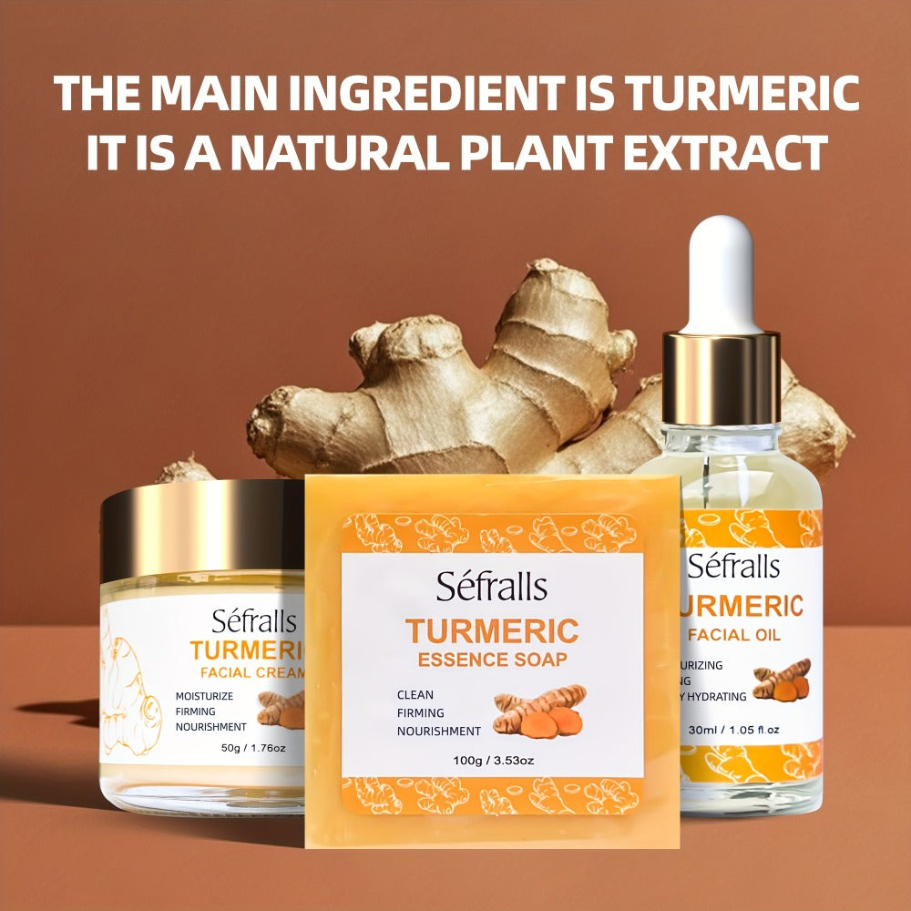 Turmeric Skincare Set 3 Pcs - Turmeric Face Cream, Facial Soap & Essential Oil Kit for Deep Pore Cleansing, Brightening & Moisturizing, Oil Control Skin Care Gift Set for Women & Men