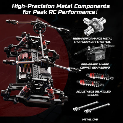 DEERC All-Metal 42KM/H RC Truck 1/16 Scale 4WD Off-Road Monster Truck Dual 1500mAh Batteries 40-Min Runtime LED Headlights Wheelie Bar – High Speed Remote Control Car for Adults Hobbyists Black