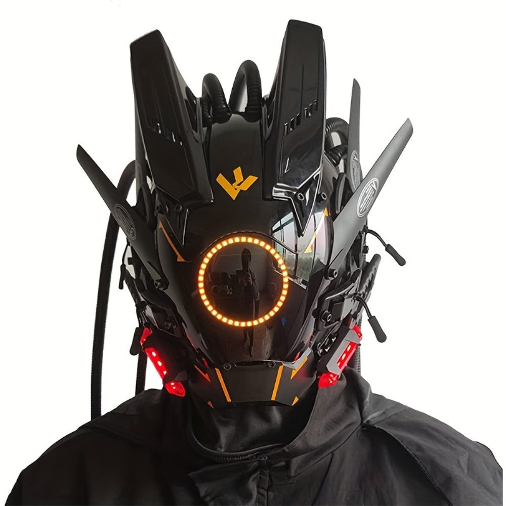 LED Punk Mask with Tubular Braids & Helmet – Futuristic Sci-Fi Mechanical Cosplay Mask for Halloween, Rave Music Festival & Party, Blue Green Pink, Handmade TPU PC Unisex Adult Costume Prop